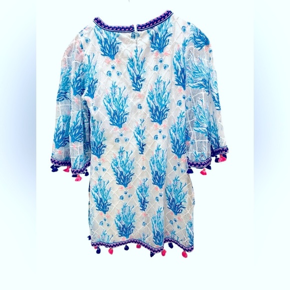 Lilly Pulitzer Unicorn Jackelin Romper Coral Reef Tassel Trim Blue Pink Size 00 - Picture 6 of 7